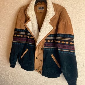 Tuskany Leather Suede Western Tribal Sherpa Jacket Multicolor Mens Size XXL